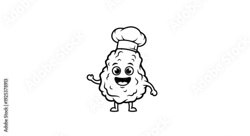 Cute Cartoon Fried Chicken Chef Waving - Happy Food Mascot Line Art