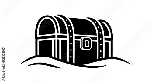 Treasure Chest Icon on Waves, Pirate Booty Symbol, Adventure and Riches
