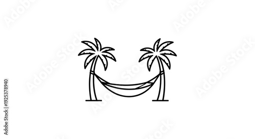 Tropical beach hammock between palm trees, minimalist line art icon