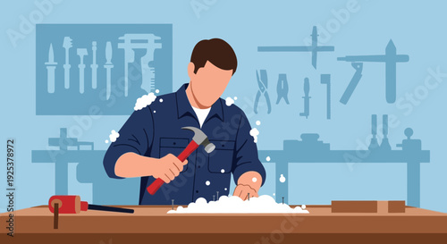 Carpenter Working with Chisel on Wooden Table.