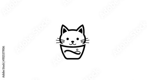 Cute Minimalist Cat Head in a Cup Logo Icon Black and White Line Art Design