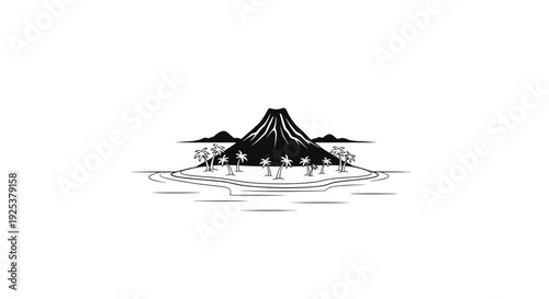 Volcano Island Paradise: Tropical Beach with Palm Trees and Mountain Silhouette