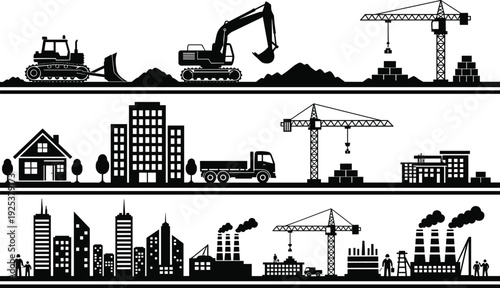 Construction site silhouette set featuring heavy machinery cranes excavators buildings factories and urban development icons for industrial projects and engineering designs