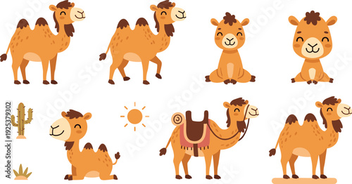 Cute Camel Cartoon Character Vector Collection Desert Dromedary in Different Poses with Saddle Cactus and Sun for Kids Nursery Design.