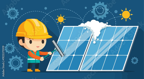 Man Cleaning Solar Panels with Brush.