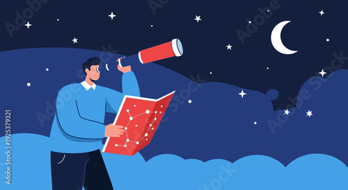 Man Observing Stars with Telescope and Map.