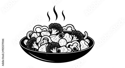 Steaming Bowl of Fresh Broccoli and Bell Pepper Stir Fry - Black and White Illustration