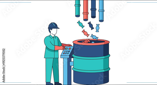 Man Operating Industrial Machine with Pipes.