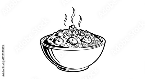 Steaming Bowl of Indian Curry with Rice and Garnish - Black and White Illustration