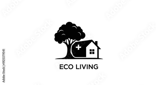 Eco Living Logo with House, Tree, and Health Symbol - Sustainable Home Concept
