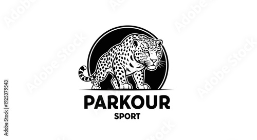 Dynamic Parkour Sport Logo with Powerful Leopard Illustration in Black and White