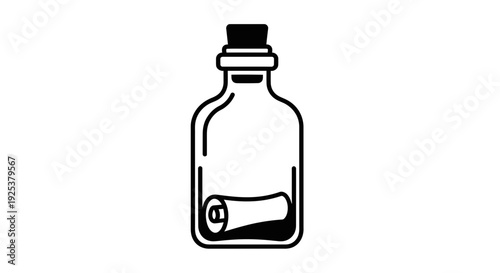 Message in a Bottle Icon, Rolled Paper Scroll Inside Glass Container with Cork Stopper