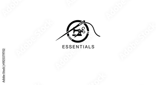 Essentials Sewing Logo with Needle, Thread, Machine, and Scissors Icon
