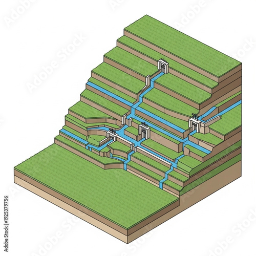 Terracing system for irrigation and water management on agricultural land.
