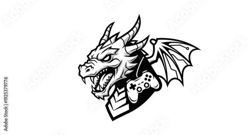 Fierce Dragon Gaming Mascot Logo with Controller and Tech Wings for Esports and Streamers
