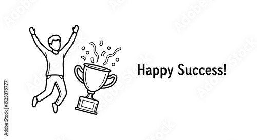 Happy Man Jumping for Joy Next to Trophy and Confetti, Celebrating Success