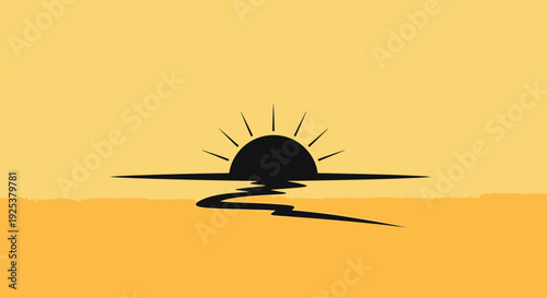 Minimalist Sunset Over Water Reflection Silhouette, Warm Orange Sky, Calm Horizon