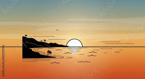 Minimalist Sunset Over Tropical Island Coastline with Palm Trees and Calm Ocean
