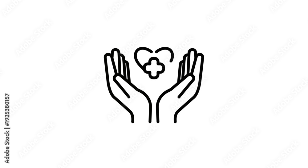 Obraz premium Hands Holding Heart with Cross Icon: Health Care, Medical Support, and Wellness Symbol