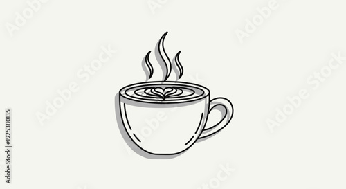 Hand-drawn latte art coffee cup with steam, minimalist sketch on light background