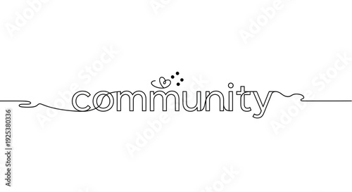 Continuous line drawing of the word "community" with abstract hearts and dots.