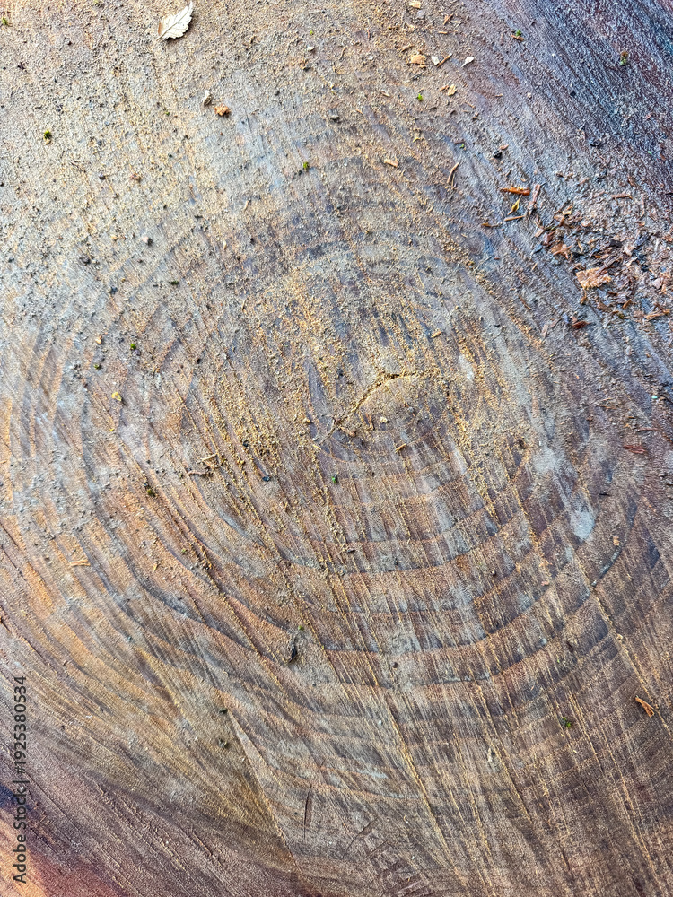 Fototapeta premium Close up of tree stump cross section showing clear annual rings and natural wood grain texture. Organic background concept.