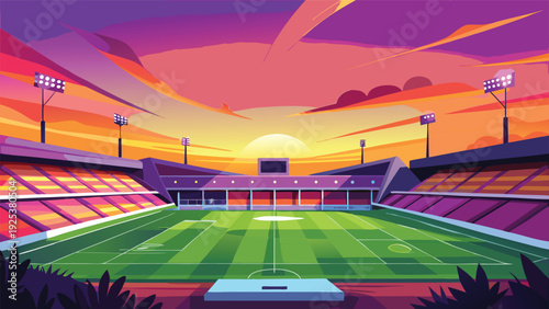 A vibrant sunset illuminates a bustling stadium filled with eager fans. Vector