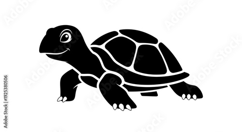 Cute Black Turtle Silhouette, Vector Illustration, Cartoon Style, Isolated on White Background