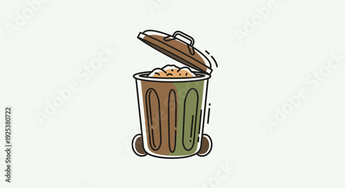 Cartoon Trash Can with Lid Open, Full of Garbage, Isolated on White Background