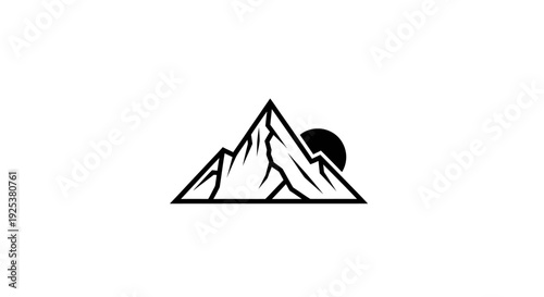 Minimalist mountain landscape logo design with sun outline icon