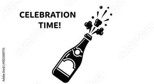 Celebration Time Champagne Bottle Popping Cork and Bubbles Black and White Graphic