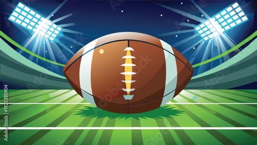 A football on a field with stadium lights shining brightly in the background Vector