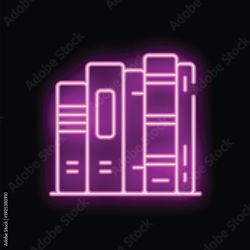 Purple neon sign of a row of books standing on a shelf, on a black background, for bookstore or library concepts