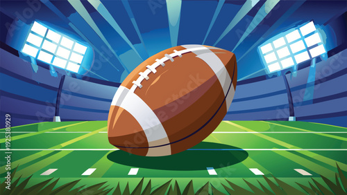 A football on a field with stadium lights in the background Vector