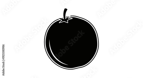 Black Silhouette of a Ripe Tomato with Stem on White Background