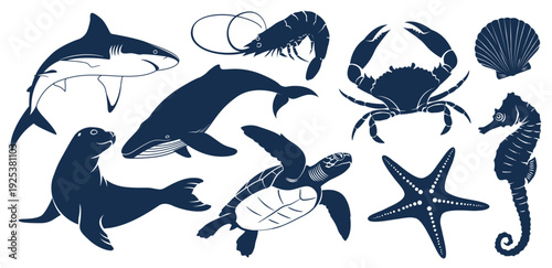 Set of Marine Animals and Sea Creatures Silhouettes. Black and white vector illustration of underwater life.
