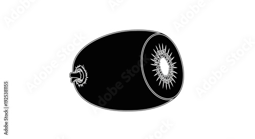 Black and White Silhouette of a Fresh Kiwi Fruit Slice with Seeds
