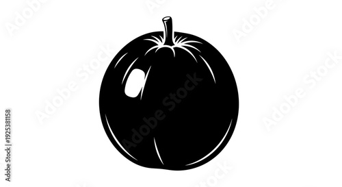 Black and White Silhouette of a Ripe Peach with Stem