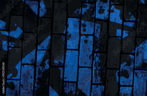 Blue brick wall background with grunge texture, dark urban stone surface with paint splatters, industrial abstract pattern