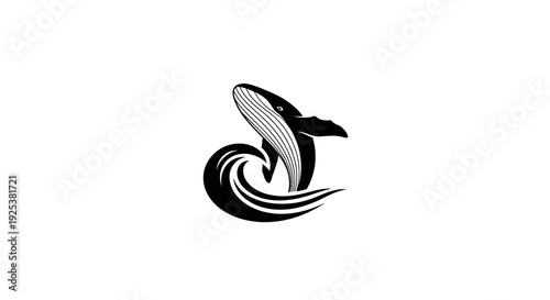 Stylized black and white whale jumping from ocean wave illustration