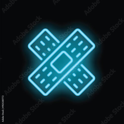 Blue neon icon of two adhesive bandages forming a cross, representing first aid and wound care