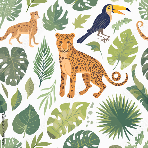 A vibrant illustration of wildlife including leopard, toucan, and plants in a lush jungle environment from a bird's eye view