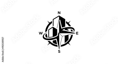 Urban Compass Rose with City Buildings and Directional Symbol