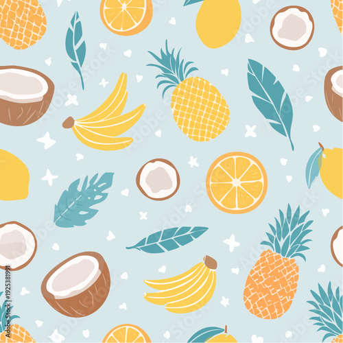 Assorted tropical fruits and leaves pattern illustration on a light background with various citrus fruits and coconuts