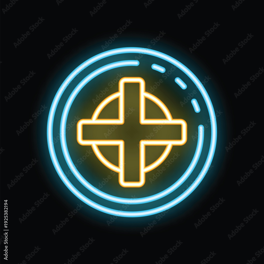 Obraz premium Blue neon celtic cross sign glowing in the dark with a black background