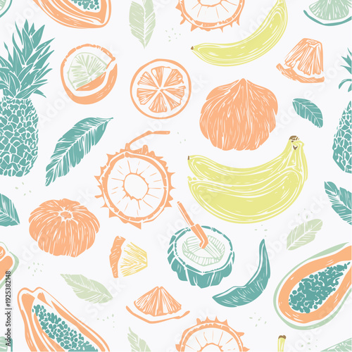 A colorful illustration of various tropical fruits and leaves scattered randomly from a top-down viewpoint