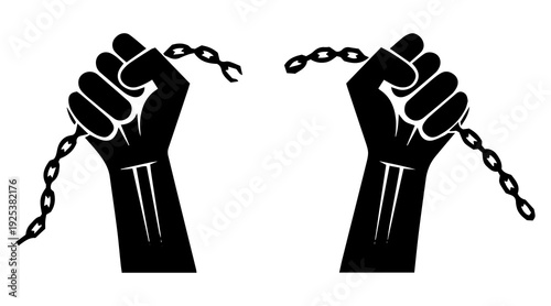 Hands breaking chain shackle handcuffs in a vintage woodcut revolution propaganda poster style. Concept for freedom.