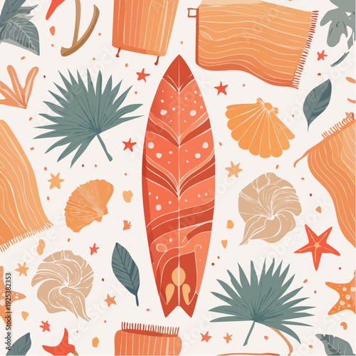 Serene beach scene featuring a surfboard surrounded by tropical leaves and seashells from a bird's eye view