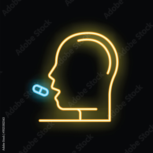 Neon sign showing the profile of a human head taking a blue and white pill