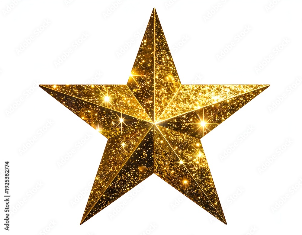Fototapeta premium Isolated five-pointed golden star with sparkling surface, white background